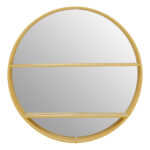 Lumi Shelved Wall Mirror. Round gold mirror. Wall mirror with shelves. Modern wall décor. Minimalist gold mirror. Contemporary wall mirror. Iron frame mirror. Functional wall accent. Elegant home accessory.