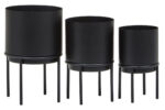 Kye Set of 3 Black Plant Pots. Modern black planters. Metal plant stands. Iron planters. Minimalist décor. Indoor plant display. Contemporary planter set. Durable planters. Stylish plant holders.