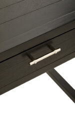 Marin 2 Drawer Pine Desk. Black pine desk. Modern home office furniture. Wooden writing desk. Two drawer desk. Traditional carved legs. Silver handle desk. Classic study table. Elegant workspace furniture.