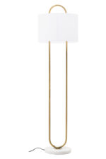 Camden Curved Floor Lamp. Gold floor lamp. White marble base lamp. Curved metal lamp. Modern floor lighting. Luxury home decor. Gold and white lamp. Elegant standing lamp. Minimalist floor light. Contemporary lighting design. Living room lamp. Bedroom floor light. Designer lighting piece. Modern home accessories.