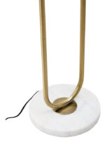 Camden Curved Floor Lamp. Gold floor lamp. White marble base lamp. Curved metal lamp. Modern floor lighting. Luxury home decor. Gold and white lamp. Elegant standing lamp. Minimalist floor light. Contemporary lighting design. Living room lamp. Bedroom floor light. Designer lighting piece. Modern home accessories.