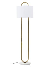 Camden Curved Floor Lamp. Gold floor lamp. White marble base lamp. Curved metal lamp. Modern floor lighting. Luxury home decor. Gold and white lamp. Elegant standing lamp. Minimalist floor light. Contemporary lighting design. Living room lamp. Bedroom floor light. Designer lighting piece. Modern home accessories.