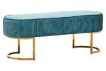 Pia Ottoman Bench. Green velvet ottoman. Gold legs bench. Modern velvet seating. Luxury ottoman bench. Pleated velvet bench. Bedroom ottoman. Entryway seating. Gold finish legs. Contemporary furniture. Plush foam bench. Luxe home decor. Velvet accent furniture. Statement seating. Modern living room bench. Arched metal legs. Elegant velvet furniture. Soft padded ottoman. Designer home bench. Boutique interior piece.