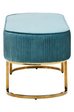 Pia Ottoman Bench. Green velvet ottoman. Gold legs bench. Modern velvet seating. Luxury ottoman bench. Pleated velvet bench. Bedroom ottoman. Entryway seating. Gold finish legs. Contemporary furniture. Plush foam bench. Luxe home decor. Velvet accent furniture. Statement seating. Modern living room bench. Arched metal legs. Elegant velvet furniture. Soft padded ottoman. Designer home bench. Boutique interior piece.