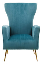 Pia Velvet Accent Chair. Green velvet chair. Gold legs accent chair. Modern velvet armchair. Channel tufted chair. Luxury accent seating. Contemporary velvet furniture. Stylish green chair. Winged backrest chair. Slanted leg design. Plush foam seat. Boutique home decor. Elegant living room chair. Modern bedroom seating. Velvet statement chair. Art deco inspired furniture. Gold finish accent chair. Designer velvet armchair. Soft padded chair. Modern home furniture.