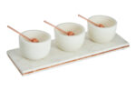 Vetra Marble Dip Bowls. Marble serving set. Dip bowls with spoons. Marble board with copper inlay. Entertaining serveware. Luxury kitchen décor. Elegant dining accessories. Natural marble serve set. Modern home entertaining.