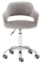 Renin Desk Chair with Curved Back. Grey velvet office chair. Ergonomic swivel desk chair. Chrome base office chair. Adjustable home office seating. Modern velvet desk chair. Comfortable office chair with wheels.