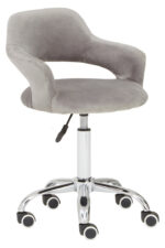 Renin Desk Chair with Curved Back. Grey velvet office chair. Ergonomic swivel desk chair. Chrome base office chair. Adjustable home office seating. Modern velvet desk chair. Comfortable office chair with wheels.