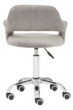 Renin Desk Chair with Curved Back. Grey velvet office chair. Ergonomic swivel desk chair. Chrome base office chair. Adjustable home office seating. Modern velvet desk chair. Comfortable office chair with wheels.