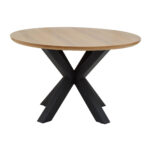 Caro Round Table with Cross Legs. Round dining table. Modern wood dining table. Wood veneer tabletop. Black metal base. Contemporary dining furniture. Compact round table.