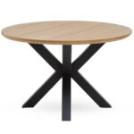 Caro Round Table with Cross Legs. Round dining table. Modern wood dining table. Wood veneer tabletop. Black metal base. Contemporary dining furniture. Compact round table.