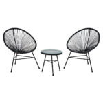 Raven Rattan 3 Piece Patio Set. Modern patio furniture. Rattan outdoor set. Black rattan chairs. Weather-resistant patio set. Contemporary garden furniture. Steel frame outdoor set. Balcony furniture. Outdoor seating set.