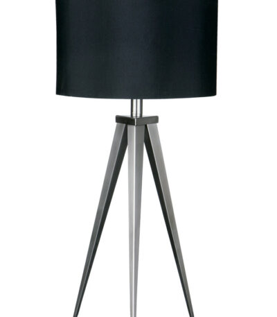 Ronan Tripod Lamp. Tripod floor lamp. Black and silver lamp. Modern lighting. Industrial lamp. Contemporary décor. Fabric shade lamp. Minimalist design. Elegant home lighting.