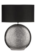Omi Hammered Table Lamp. Silver table lamp. Hammered metal lamp. Black fabric shade. Modern lighting. Contemporary décor. Textured base lamp. Reflective lamp. Elegant home lighting. Chrome.