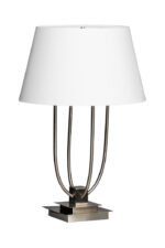 Silo Curved Table Lamp. Satin nickel lamp. Modern table lamp. Boutique lighting. White shade lamp. Silver base lamp. Contemporary home décor. Sculptural table lamp. Pagoda-inspired design.