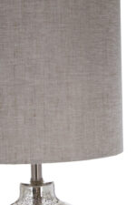 Vyn Glass Table Lamp. Etched glass lamp. Natural fabric shade. Silver base table lamp. Modern lighting. Boho chic décor. Contemporary bedside lamp. Elegant home lighting. Translucent glass lamp.