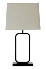 Nexa Table Lamp. Black metal lamp. Modern table lamp. Minimalist lighting. Natural fabric shade. Scandinavian lamp. Contemporary home décor. Rectangular frame lamp. Elegant lighting design.