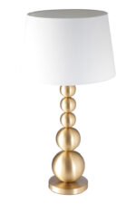 Rae Stacked Table Lamp. Brass table lamp. Orb base lamp. Modern lighting. Luxe home décor. Boutique-style lamp. White linen shade. Contemporary bedside light. Sculptural design lamp. Gold Table Lamp.