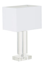 Rue Rectangular Table Lamp. Crystal table lamp. Chrome finish lamp. Rectangular lamp base. Modern lighting. Luxury home décor. Elegant bedside lamp. Contemporary glass lamp. White fabric shade.