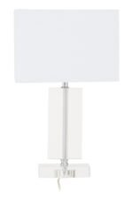Rue Rectangular Table Lamp. Crystal table lamp. Chrome finish lamp. Rectangular lamp base. Modern lighting. Luxury home décor. Elegant bedside lamp. Contemporary glass lamp. White fabric shade.