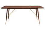 Lowen Walnut Dining Table. Walnut wood table. Leather trim dining table. Brass leg dining table. Mid-century dining table. Modern walnut furniture. Retro-inspired dining table. Luxury wooden table.
