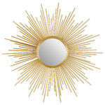 Rina Asymmetric Gold Wall Mirror. Gold wall mirror. Asymmetric frame mirror. Modern wall décor. Statement gold mirror. Round decorative mirror. Sculptural wall art. Metallic home décor. Luxe accent piece.
