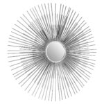 Voss Silver Sunburst Wall Mirror. Silver wall mirror. Sunburst mirror design. Modern wall décor. Round decorative mirror. Iron frame mirror. Contemporary silver décor. Reflective wall art. Statement mirror.