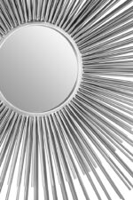 Voss Silver Sunburst Wall Mirror. Silver wall mirror. Sunburst mirror design. Modern wall décor. Round decorative mirror. Iron frame mirror. Contemporary silver décor. Reflective wall art. Statement mirror.