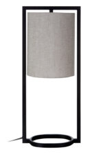 Varn Metal Frame Table Lamp. Grey fabric shade lamp. Black metal frame table lamp. Modern minimalist lighting. Contemporary home lighting. Scandinavian inspired lamp. Soft ambient light. Bedroom bedside lamp. Living room table lamp. Office desk lamp. Industrial modern lamp. Elegant lighting feature. Neutral tone décor accessory. Sleek black lamp design. Modern fabric shade lighting.