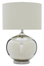 Perrin Ball Shaped Table Lamp. Glass base lamp. Metallic finish lamp. Chrome table lamp. Modern bedside lighting. Contemporary home décor. Elegant living room lamp. White fabric shade. Minimalist glass lighting. Designer accent lamp. Reflective glass lamp. Soft ambient light. Boutique style lamp. Classic meets modern lighting.