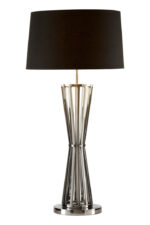 Hudson Twisted Base Table Lamp. Nickel finish lamp. Stainless steel table lamp. Black shade lamp. Modern metallic lighting. Luxury home décor lamp. Sculptural twisted base. Hourglass table lamp. Contemporary bedside lamp. Designer accent lighting. Elegant living room light. Monochrome home accessory. Reflective silver lamp. Boutique style lighting.