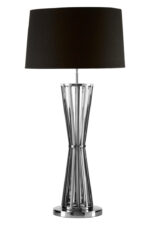 Hudson Twisted Base Table Lamp. Nickel finish lamp. Stainless steel table lamp. Black shade lamp. Modern metallic lighting. Luxury home décor lamp. Sculptural twisted base. Hourglass table lamp. Contemporary bedside lamp. Designer accent lighting. Elegant living room light. Monochrome home accessory. Reflective silver lamp. Boutique style lighting.