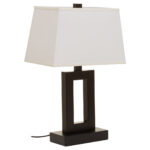 Kenton Monochromatic Table Lamp. Black and white table lamp. Modern desk lamp. Minimalist lighting. Contemporary bedside lamp. Black metal frame. White tapered shade. Monochrome design. Elegant modern lighting. Ambient home lighting. Bedroom lamp. Living room table lamp. Designer home accessory. Sleek decorative lamp.