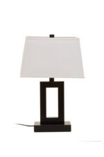 Kenton Monochromatic Table Lamp. Black and white table lamp. Modern desk lamp. Minimalist lighting. Contemporary bedside lamp. Black metal frame. White tapered shade. Monochrome design. Elegant modern lighting. Ambient home lighting. Bedroom lamp. Living room table lamp. Designer home accessory. Sleek decorative lamp.