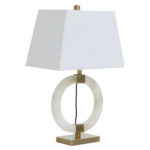 Halden Circular Marble Table Lamp. White marble lamp. Gold base table lamp. Modern marble lighting. Luxury home décor. Brushed gold lamp base. Ivory fabric shade. Contemporary lighting. Sculptural marble lamp. Designer bedside lamp. Elegant living room lighting.