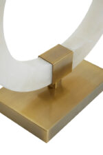 Halden Circular Marble Table Lamp. White marble lamp. Gold base table lamp. Modern marble lighting. Luxury home décor. Brushed gold lamp base. Ivory fabric shade. Contemporary lighting. Sculptural marble lamp. Designer bedside lamp. Elegant living room lighting.