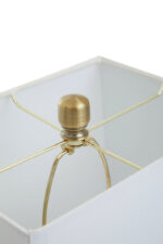 Halden Circular Marble Table Lamp. White marble lamp. Gold base table lamp. Modern marble lighting. Luxury home décor. Brushed gold lamp base. Ivory fabric shade. Contemporary lighting. Sculptural marble lamp. Designer bedside lamp. Elegant living room lighting.