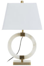 Halden Circular Marble Table Lamp. White marble lamp. Gold base table lamp. Modern marble lighting. Luxury home décor. Brushed gold lamp base. Ivory fabric shade. Contemporary lighting. Sculptural marble lamp. Designer bedside lamp. Elegant living room lighting.