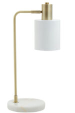 Kelson Curved Table Lamp. Brass finish table lamp. Mid-century modern lighting. Marble base lamp. Curved arm desk lamp. Contemporary home décor. Study table lighting. Elegant gold lamp. Modern reading lamp. Sculptural table lamp. Designer lighting piece.