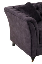 Naya 2 Seater Chesterfield Sofa. Dark grey velvet sofa. Velvet chesterfield sofa. 2 seater chesterfield. Classic velvet sofa. Button tufted sofa. Modern chesterfield couch. Traditional style sofa. Compact velvet sofa. Elegant grey sofa. Living room seating. Luxury velvet furniture. Grey chesterfield loveseat. Castor leg sofa. Plush velvet sofa.