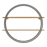 Carlotta Two Tier Wall Shelf. Gold wall shelf. Grey round wall shelf. Modern wall shelving. Geometric wall shelf. Metal wall shelf. Two tier shelf. Contemporary wall decor. Stylish storage shelf. Industrial modern shelf. Matte gold shelves. Circular wall shelf. Decorative shelving.