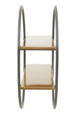 Carlotta Two Tier Wall Shelf. Gold wall shelf. Grey round wall shelf. Modern wall shelving. Geometric wall shelf. Metal wall shelf. Two tier shelf. Contemporary wall decor. Stylish storage shelf. Industrial modern shelf. Matte gold shelves. Circular wall shelf. Decorative shelving.