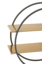 Carlotta Two Tier Wall Shelf. Gold wall shelf. Grey round wall shelf. Modern wall shelving. Geometric wall shelf. Metal wall shelf. Two tier shelf. Contemporary wall decor. Stylish storage shelf. Industrial modern shelf. Matte gold shelves. Circular wall shelf. Decorative shelving.