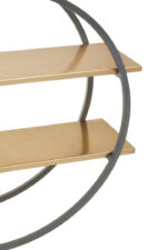 Carlotta Two Tier Wall Shelf. Gold wall shelf. Grey round wall shelf. Modern wall shelving. Geometric wall shelf. Metal wall shelf. Two tier shelf. Contemporary wall decor. Stylish storage shelf. Industrial modern shelf. Matte gold shelves. Circular wall shelf. Decorative shelving.