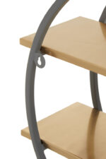 Carlotta Two Tier Wall Shelf. Gold wall shelf. Grey round wall shelf. Modern wall shelving. Geometric wall shelf. Metal wall shelf. Two tier shelf. Contemporary wall decor. Stylish storage shelf. Industrial modern shelf. Matte gold shelves. Circular wall shelf. Decorative shelving.