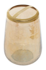 Lume Glass Toothbrush Holder. Glass toothbrush cup. Gold rim toothbrush holder. Textured glass bathroom accessory. Modern bathroom decor. Luxury toothbrush holder. Divided toothbrush holder. Durable glass bathroom organiser. Gold accent bathroom set. Elegant sink accessory. Stylish glass holder. Contemporary bathroom decor.