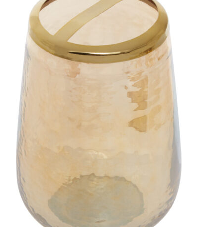 Lume Glass Toothbrush Holder. Glass toothbrush cup. Gold rim toothbrush holder. Textured glass bathroom accessory. Modern bathroom decor. Luxury toothbrush holder. Divided toothbrush holder. Durable glass bathroom organiser. Gold accent bathroom set. Elegant sink accessory. Stylish glass holder. Contemporary bathroom decor.