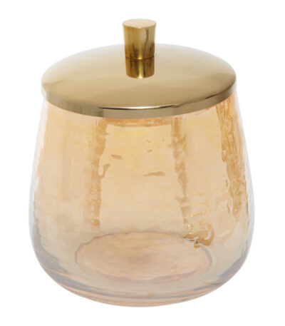 Lume Glass Bathroom Jar. Glass storage jar. Gold lid bathroom jar. Textured glass container. Elegant bathroom organiser. Modern bathroom decor. Luxury vanity jar. Cotton pad jar. Glass jar with lid. Gold accent bathroom accessory. Stylish countertop storage. Glass vanity container.