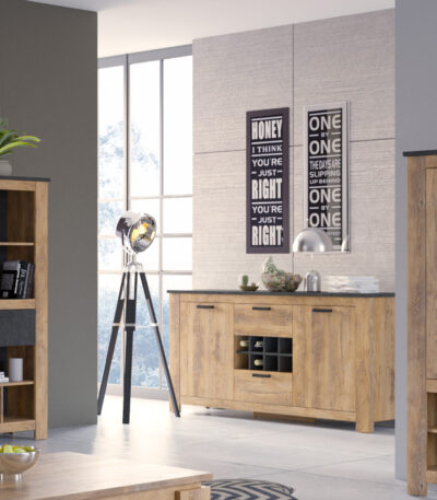 Belo Sideboard. Rustic sideboard. Chestnut sideboard. Grey sideboard. Wine rack sideboard. Modern dining storage. 8 bottle wine rack. Full extension drawers. European made furniture. Metal handle sideboard. Matera grey accents. Contemporary sideboard. Kitchen storage unit. Dining room furniture.