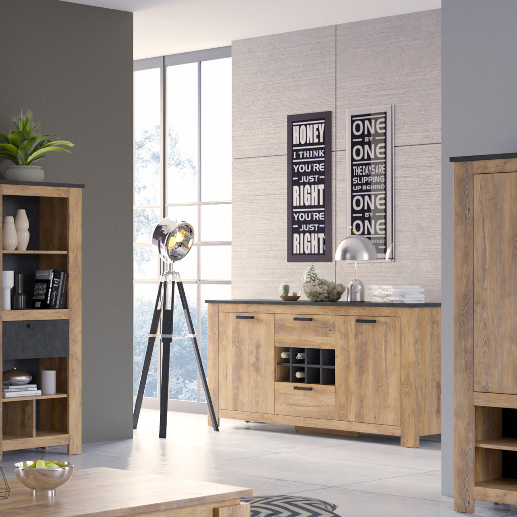 Belo Sideboard Belo Sideboard. Rustic sideboard. Chestnut sideboard. Grey sideboard. Wine rack sideboard. Modern dining storage. 8 bottle wine rack. Full extension drawers. European made furniture. Metal handle sideboard. Matera grey accents. Contemporary sideboard. Kitchen storage unit. Dining room furniture.